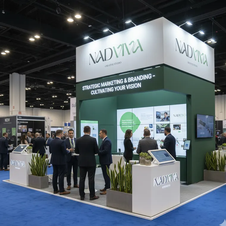 Nadviva-branded exhibition stand with visitors and digital screens
