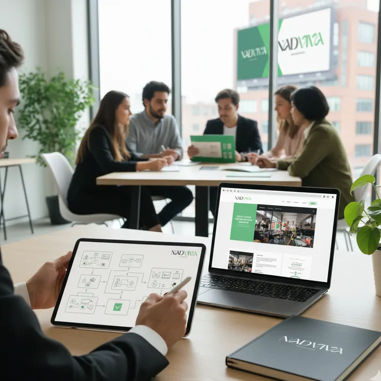 Creative team planning a campaign with tablet and laptop
