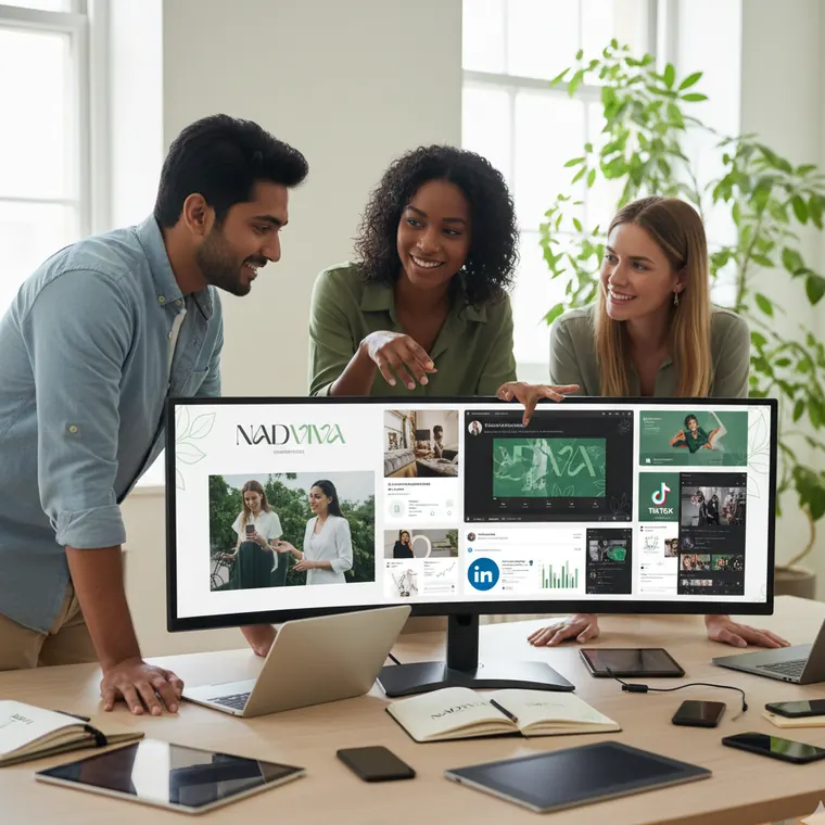 Marketing team reviewing social media and analytics on a monitor