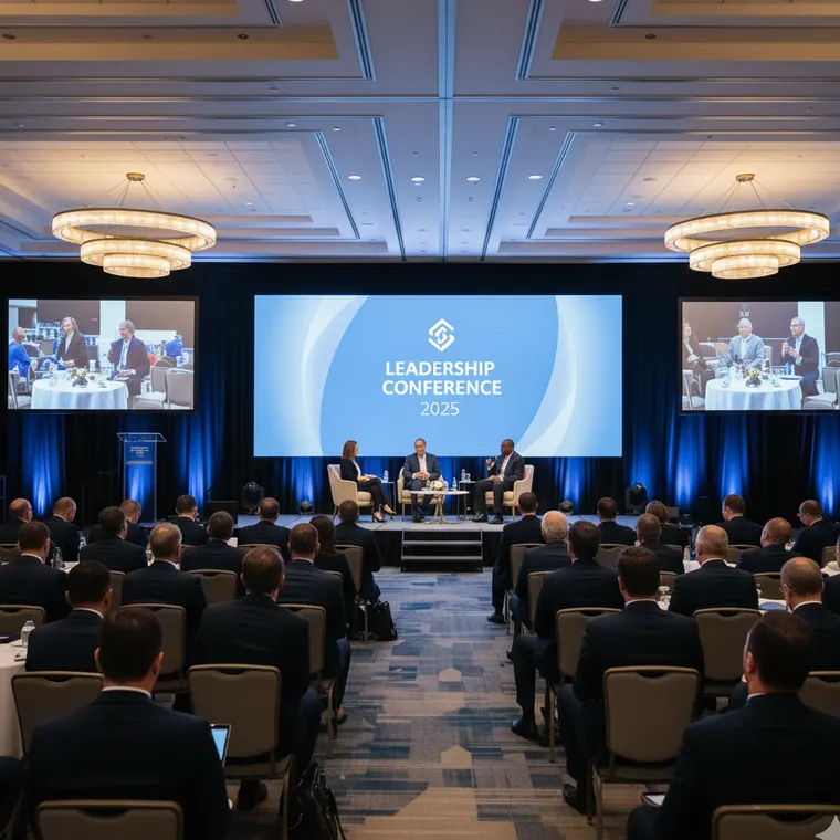 Leadership conference with a panel on stage and large screens