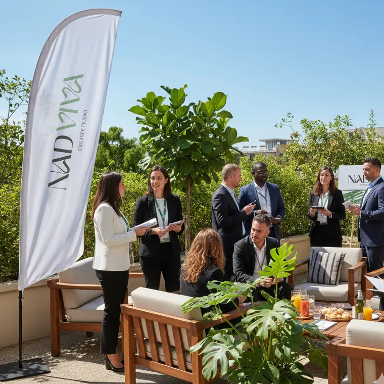Guests networking at an outdoor terrace reception with Nadviva flags