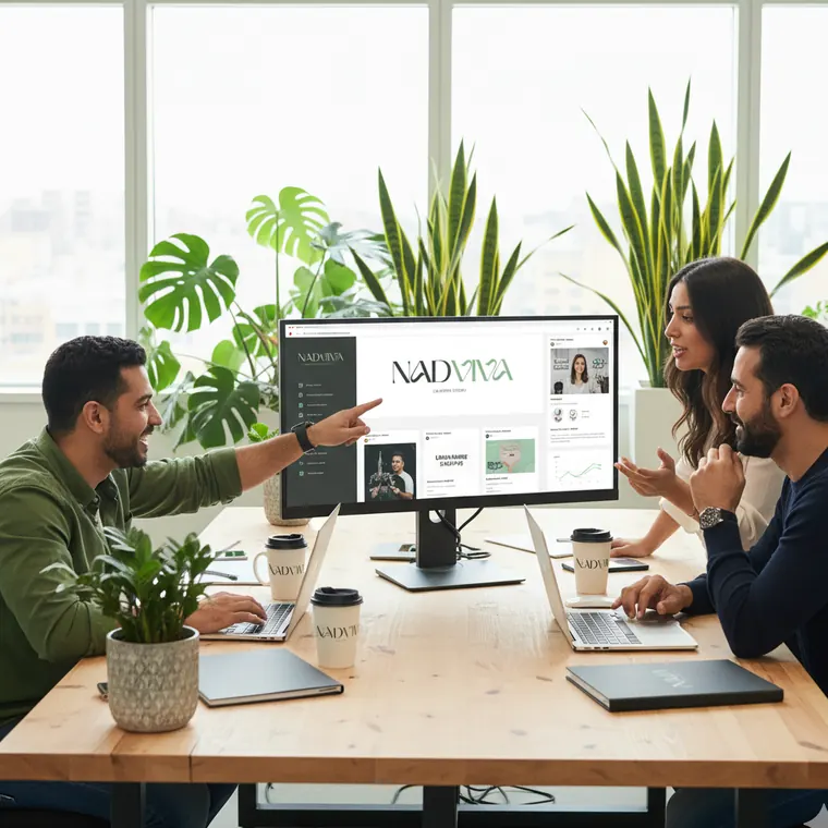 Team reviewing brand designs on a large screen